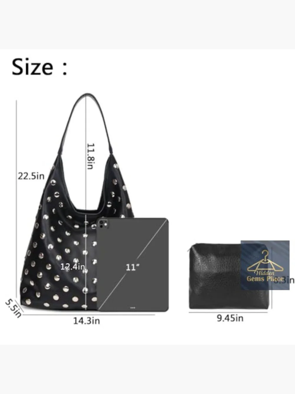 Studded Vegan Leather Hobo Tote Bag, Edgy Punk Slouchy Shoulder Handbag